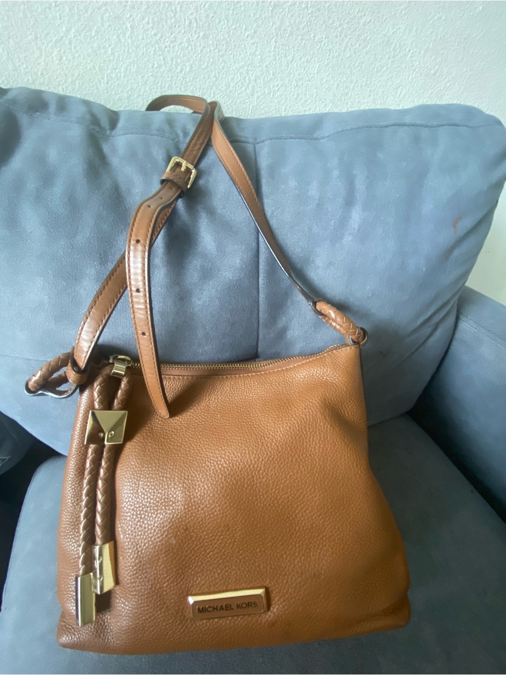 Michael Kors Brown Pebbled Leather Shoulder Bag with Braided Tassel
